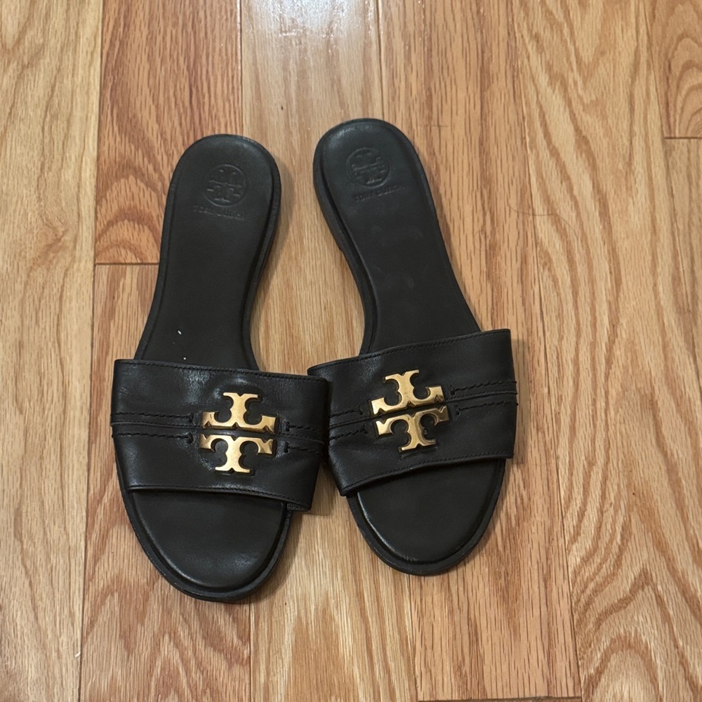Tory Burch Black Slide Sandals with Gold Logo
